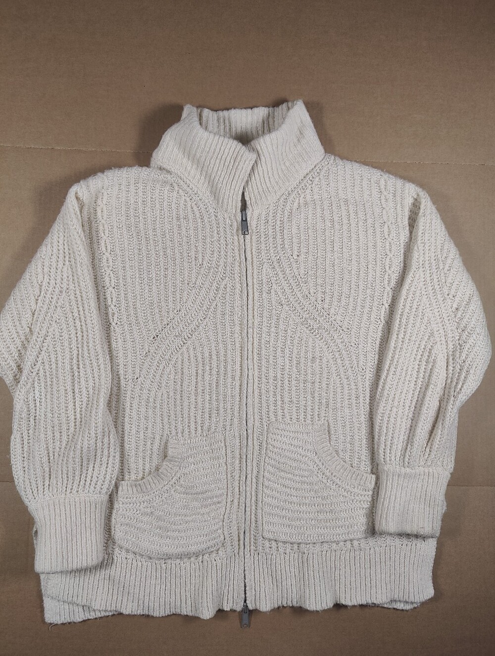 Pilcro Anthropologie Cream Wool Blend Chunky Knit Full Zip Oversized Sweater XL